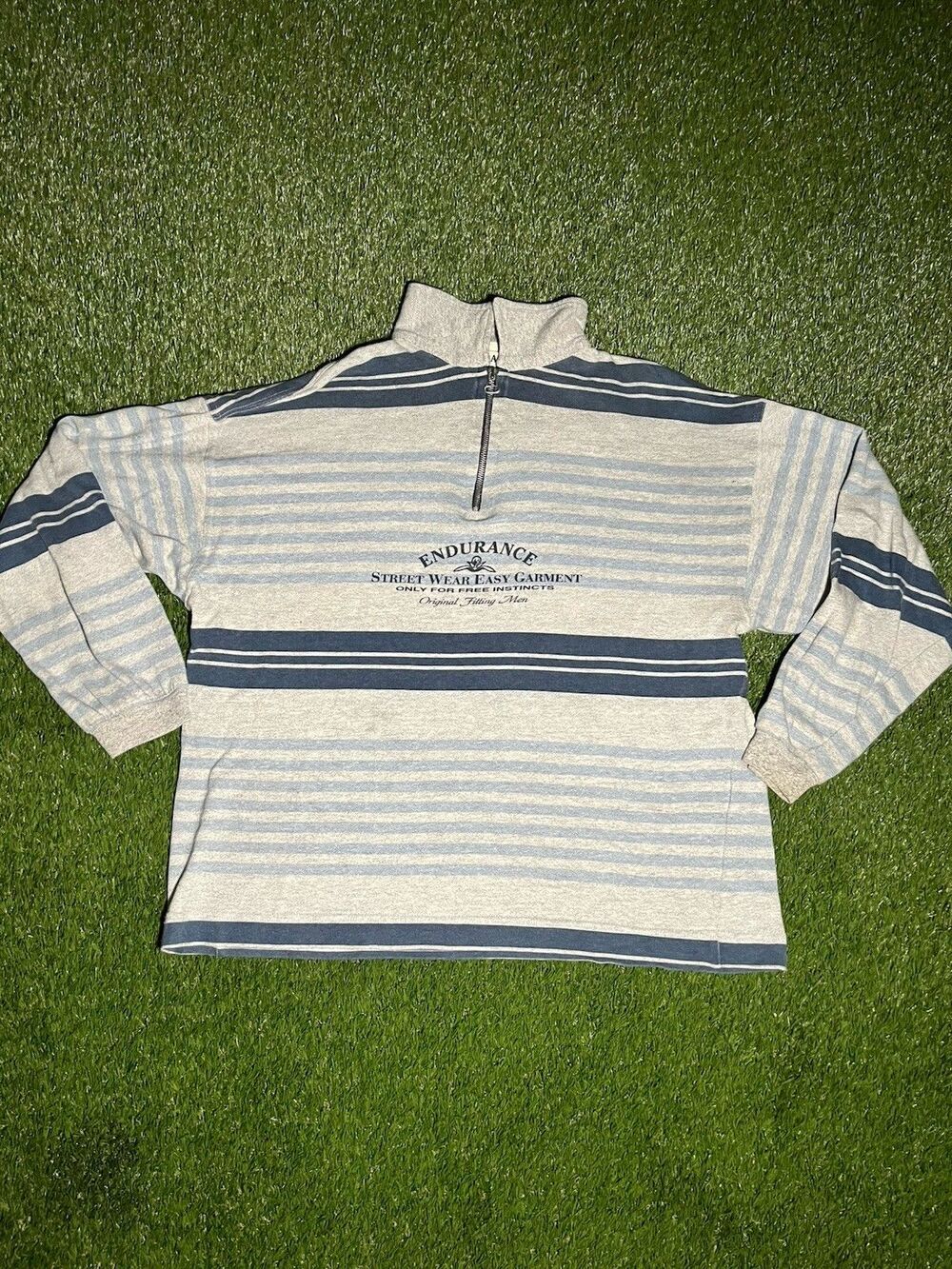 Endurance Gray Blue Striped 1/4 Zip Mock Neck Knit Sweatshirt Unisex Long Sleeve